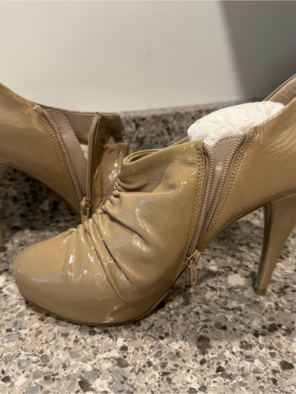 Steve Madden Beige Patent Leather Ruched Ankle Boots with Side Zipper